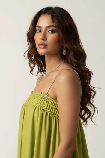 Buy The Pretty Things by Priyanka B. Sahani Green Chanderi Square Neck Smocked Midi Dress Online at Aza Fashions Buy_The Pretty Things by Priyanka B. Sahani_Green Chanderi Square Neck Smocked Midi Dress _Online_at_Aza_Fashions
