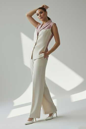 The Pretty Things by Priyanka B. Sahani_Pink Crepe, Satin Shawl Neck Colorblock Vest And Pant Set _Online_at_Aza_Fashions