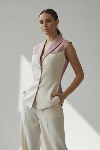 Buy_The Pretty Things by Priyanka B. Sahani_Pink Crepe, Satin Shawl Neck Colorblock Vest And Pant Set _Online_at_Aza_Fashions