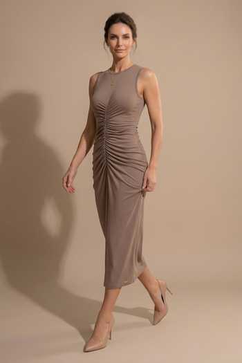 The Pretty Things by Priyanka B. Sahani Brown Jersey High Neck Ruched Midi Dress Online at Aza Fashions The Pretty Things by Priyanka B. Sahani_Brown Jersey High Neck Ruched Midi Dress _Online_at_Aza_Fashions