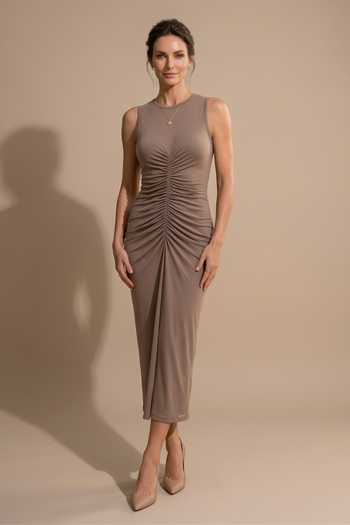 Shop The Pretty Things by Priyanka B. Sahani Brown Jersey High Neck Ruched Midi Dress Online at Aza Fashions Shop_The Pretty Things by Priyanka B. Sahani_Brown Jersey High Neck Ruched Midi Dress _Online_at_Aza_Fashions