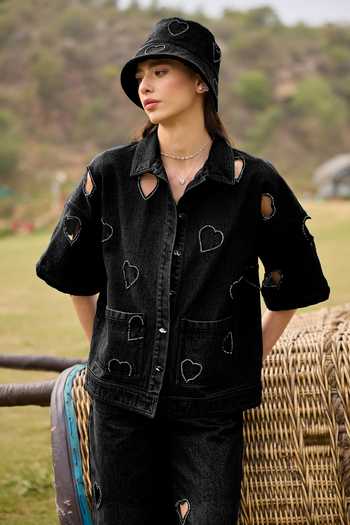 Kay Kay Black Denim Collared Neck Vivienne Heart Cutout Shirt And Pant Co-ord Set Online at Aza Fashions Kay Kay_Black Denim Collared Neck Vivienne Heart Cutout Shirt And Pant Co-ord Set _Online_at_Aza_Fashions