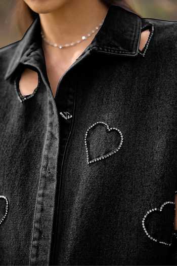 Buy Kay Kay Black Denim Collared Neck Vivienne Heart Cutout Shirt And Pant Co-ord Set Online at Aza Fashions Buy_Kay Kay_Black Denim Collared Neck Vivienne Heart Cutout Shirt And Pant Co-ord Set _Online_at_Aza_Fashions
