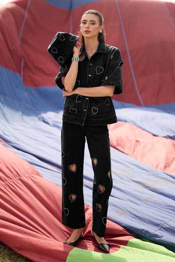 Shop Kay Kay Black Denim Collared Neck Vivienne Heart Cutout Shirt And Pant Co-ord Set Online at Aza Fashions Shop_Kay Kay_Black Denim Collared Neck Vivienne Heart Cutout Shirt And Pant Co-ord Set _Online_at_Aza_Fashions