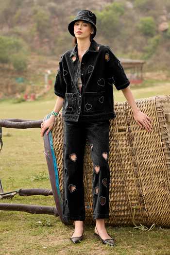 Kay Kay Black Denim Collared Neck Vivienne Heart Cutout Shirt And Pant Co-ord Set at Aza Fashions Kay Kay_Black Denim Collared Neck Vivienne Heart Cutout Shirt And Pant Co-ord Set _at_Aza_Fashions