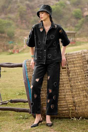 Buy Kay Kay Black Denim Collared Neck Vivienne Heart Cutout Shirt And Pant Co-ord Set Buy_Kay Kay_Black Denim Collared Neck Vivienne Heart Cutout Shirt And Pant Co-ord Set