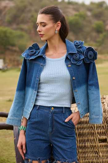 Kay Kay Blue Denim Scoop Neck Adeline Gradient Jacket And Pant Set Online at Aza Fashions Kay Kay_Blue Denim Scoop Neck Adeline Gradient Jacket And Pant Set _Online_at_Aza_Fashions