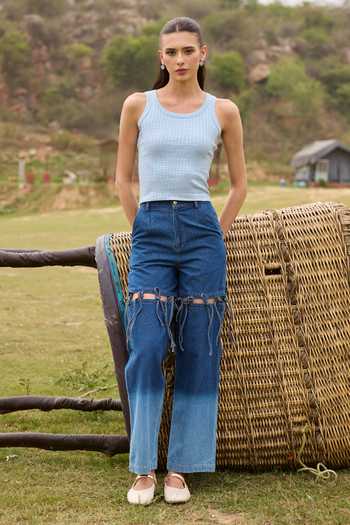 Shop Kay Kay Blue Denim Scoop Neck Adeline Gradient Jacket And Pant Set Shop_Kay Kay_Blue Denim Scoop Neck Adeline Gradient Jacket And Pant Set