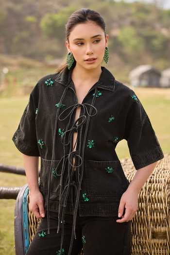 Buy Kay Kay Black Denim Collared Neck Alora Tie-up Top And Pant Set Online at Aza Fashions Buy_Kay Kay_Black Denim Collared Neck Alora Tie-up Top And Pant Set _Online_at_Aza_Fashions
