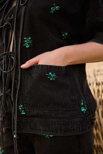 Shop Kay Kay Black Denim Collared Neck Alora Tie-up Top And Pant Set Shop_Kay Kay_Black Denim Collared Neck Alora Tie-up Top And Pant Set