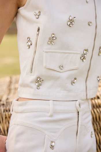 Buy Kay Kay White Denim V-neck Whisper Embellished Top And Pant Co-ord Set Online at Aza Fashions Buy_Kay Kay_White Denim V-neck Whisper Embellished Top And Pant Co-ord Set _Online_at_Aza_Fashions
