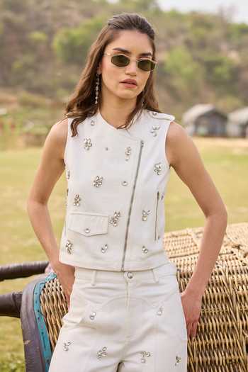 Buy Kay Kay White Denim V-neck Whisper Embellished Top And Pant Co-ord Set Buy_Kay Kay_White Denim V-neck Whisper Embellished Top And Pant Co-ord Set