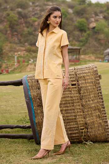 Shop_Kay Kay_Yellow Denim Collared Neck Felicity Embroidered Shirt And Pant Set _Online_at_Aza_Fashions