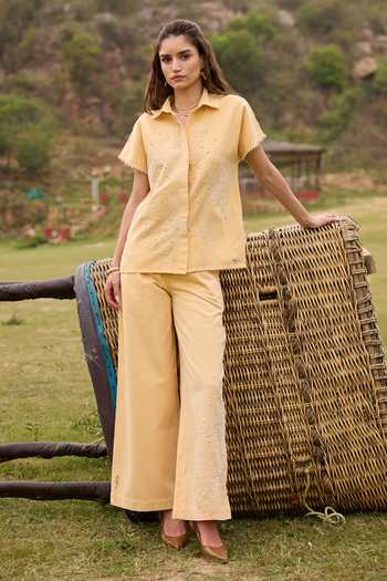 Kay Kay_Yellow Denim Collared Neck Felicity Embroidered Shirt And Pant Set _at_Aza_Fashions