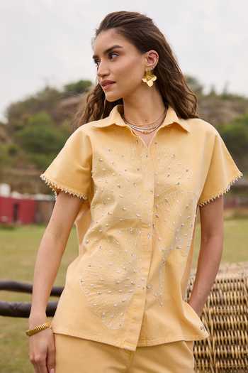 Shop_Kay Kay_Yellow Denim Collared Neck Felicity Embroidered Shirt And Pant Set 