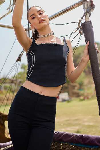 Kay Kay Black Denim Square Neck Mirabella Top And Pant Co-ord Set at Aza Fashions Kay Kay_Black Denim Square Neck Mirabella Top And Pant Co-ord Set _at_Aza_Fashions