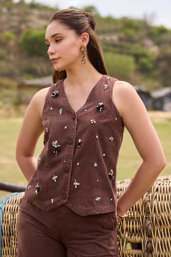 Buy Kay Kay Brown Denim V-neck Blaire Embellished Jacket And Pant Set Online at Aza Fashions Buy_Kay Kay_Brown Denim V-neck Blaire Embellished Jacket And Pant Set _Online_at_Aza_Fashions
