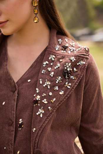 Shop Kay Kay Brown Denim V-neck Blaire Embellished Jacket And Pant Set Online at Aza Fashions Shop_Kay Kay_Brown Denim V-neck Blaire Embellished Jacket And Pant Set _Online_at_Aza_Fashions