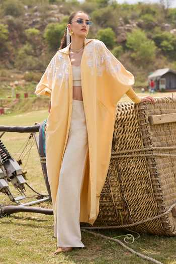 Shop_Kay Kay_Yellow Cotton Gia Embellished Cape _Online_at_Aza_Fashions