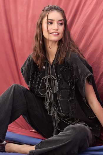 Kay Kay_Black Denim Collared Neck Giselle Tassel Tie Top And Pant Co-ord Set _Online_at_Aza_Fashions