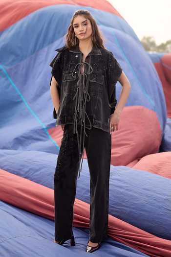 Buy_Kay Kay_Black Denim Collared Neck Giselle Tassel Tie Top And Pant Co-ord Set _Online_at_Aza_Fashions