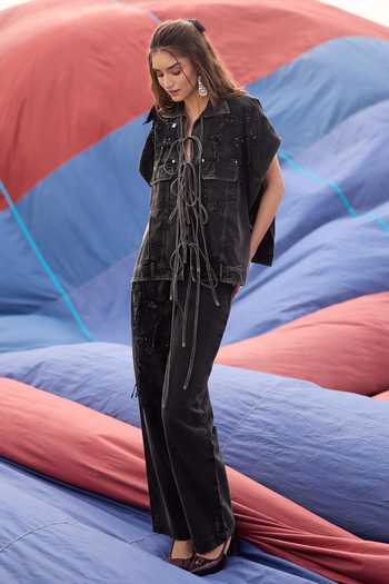 Shop_Kay Kay_Black Denim Collared Neck Giselle Tassel Tie Top And Pant Co-ord Set _Online_at_Aza_Fashions