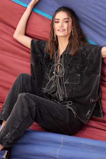 Kay Kay_Black Denim Collared Neck Giselle Tassel Tie Top And Pant Co-ord Set _at_Aza_Fashions