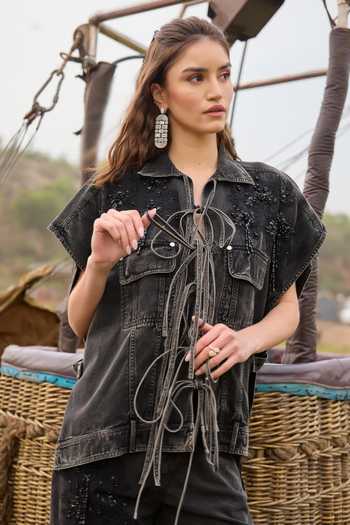 Buy_Kay Kay_Black Denim Collared Neck Giselle Tassel Tie Top And Pant Co-ord Set 