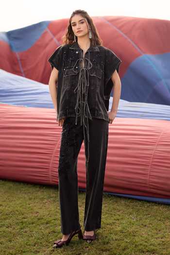 Shop_Kay Kay_Black Denim Collared Neck Giselle Tassel Tie Top And Pant Co-ord Set 