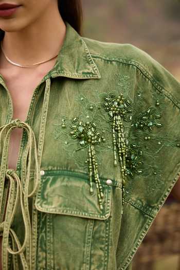 Kay Kay_Green Denim Collared Neck Eliana Tassel Tie Top And Pant Co-ord Set _Online_at_Aza_Fashions