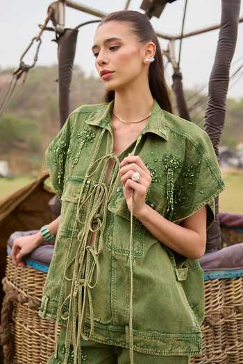 Buy_Kay Kay_Green Denim Collared Neck Eliana Tassel Tie Top And Pant Co-ord Set _Online_at_Aza_Fashions
