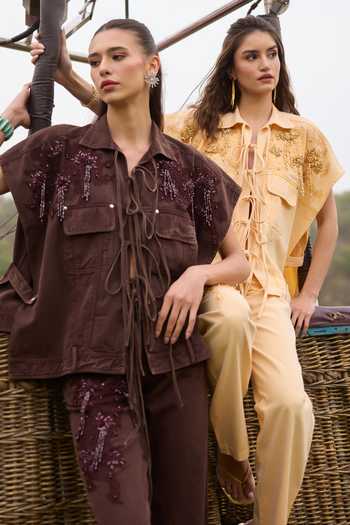 Kay Kay_Brown Denim Collared Neck Elowen Tassel Tie Top And Pant Co-ord Set _Online_at_Aza_Fashions