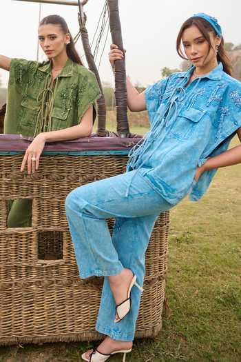 Kay Kay_Blue Denim Collared Neck Jolie Tassel Tie Top And Pant Co-ord Set _at_Aza_Fashions