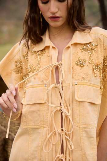Buy_Kay Kay_Yellow Denim Collared Neck Noelle Tassel Tie Top And Pant Co-ord Set _Online_at_Aza_Fashions