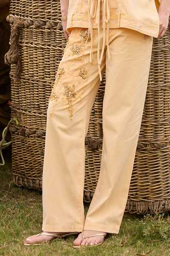 Kay Kay_Yellow Denim Collared Neck Noelle Tassel Tie Top And Pant Co-ord Set _at_Aza_Fashions