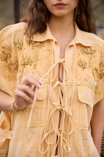Buy_Kay Kay_Yellow Denim Collared Neck Noelle Tassel Tie Top And Pant Co-ord Set 