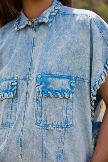 Kay Kay_Blue Denim Collared Neck Alessa Rope Detailed Shirt And Pant Set _Online_at_Aza_Fashions
