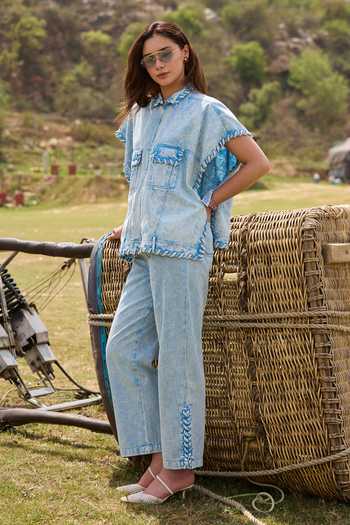 Kay Kay_Blue Denim Collared Neck Alessa Rope Detailed Shirt And Pant Set _at_Aza_Fashions