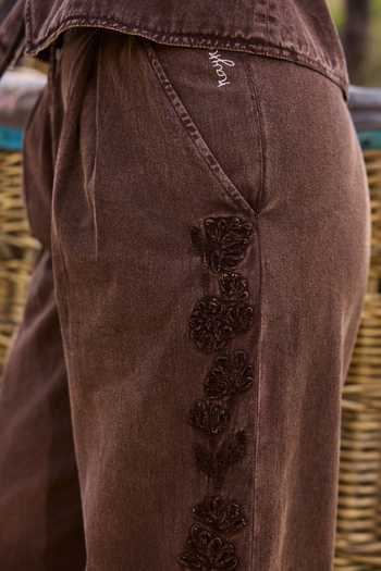 Kay Kay_Brown Denim V-neck Zarela Top And Pant Co-ord Set _at_Aza_Fashions