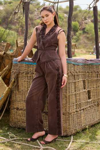 Buy_Kay Kay_Brown Denim V-neck Zarela Top And Pant Co-ord Set 