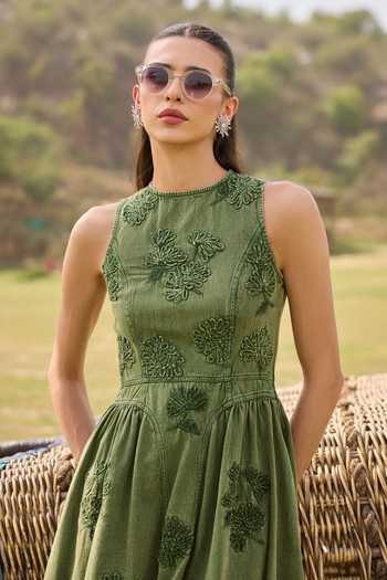 Kay Kay_Green Denim High Neck Elvira Floral Embellished Dress _Online_at_Aza_Fashions