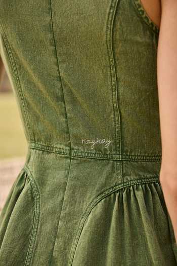 Buy_Kay Kay_Green Denim High Neck Elvira Floral Embellished Dress _Online_at_Aza_Fashions