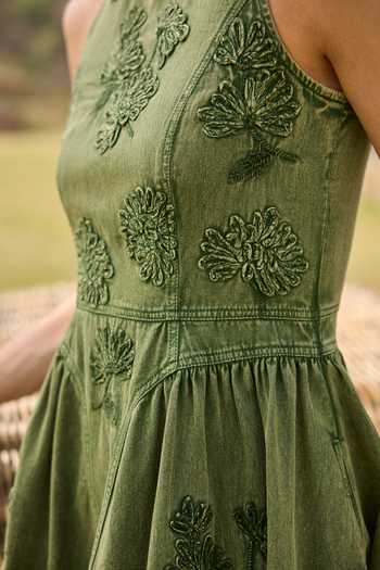 Shop_Kay Kay_Green Denim High Neck Elvira Floral Embellished Dress _Online_at_Aza_Fashions