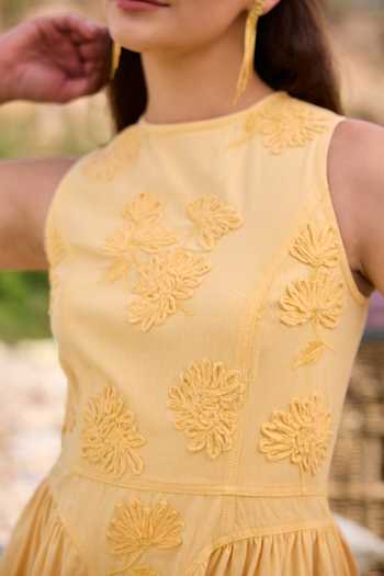 Kay Kay_Yellow Denim High Neck Adele Floral Embellished Dress _Online_at_Aza_Fashions