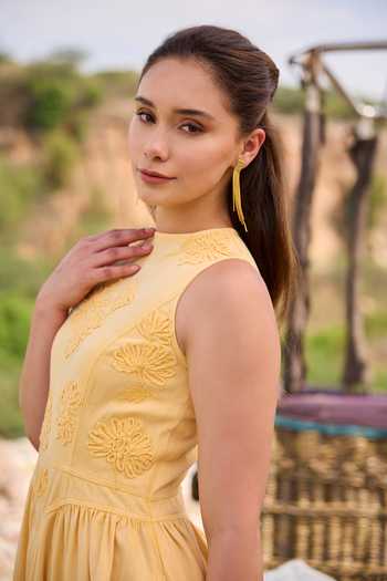 Buy_Kay Kay_Yellow Denim High Neck Adele Floral Embellished Dress _Online_at_Aza_Fashions
