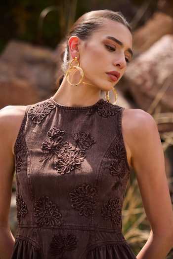 Kay Kay_Brown Denim High Neck Ivana Floral Embellished Dress _Online_at_Aza_Fashions