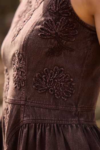 Buy_Kay Kay_Brown Denim High Neck Ivana Floral Embellished Dress _Online_at_Aza_Fashions
