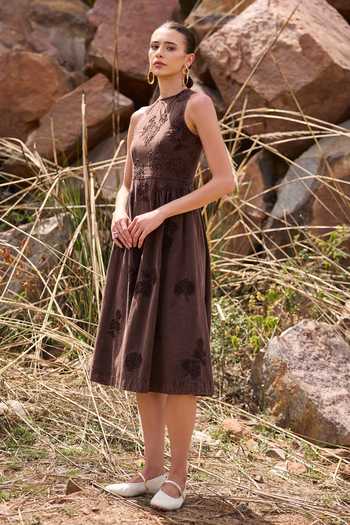 Kay Kay_Brown Denim High Neck Ivana Floral Embellished Dress _at_Aza_Fashions
