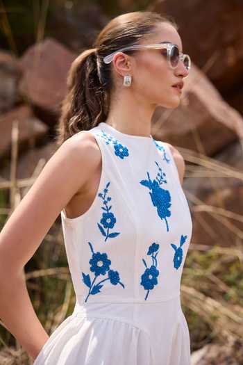 Buy Kay Kay White Cotton High Neck Liliana Floral Embroidered Dress Online at Aza Fashions Buy_Kay Kay_White Cotton High Neck Liliana Floral Embroidered Dress _Online_at_Aza_Fashions