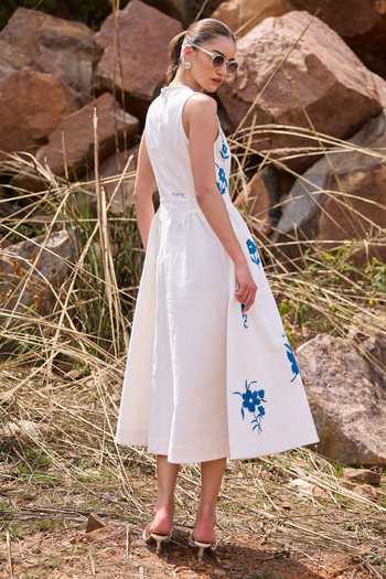 Shop Kay Kay White Cotton High Neck Liliana Floral Embroidered Dress Online at Aza Fashions Shop_Kay Kay_White Cotton High Neck Liliana Floral Embroidered Dress _Online_at_Aza_Fashions